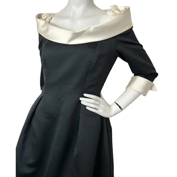 80s Victor Costa Nahdree Evening Dress Size 8 Black White Flower Off Shoulder - Picture 10 of 15